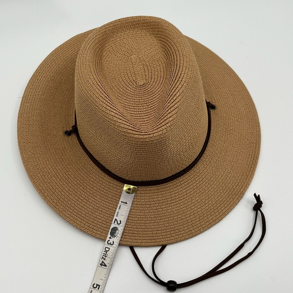 Summer Straw Sun Hat Womens Wide Brim Panama Fedora Beach Wind Lanyard UPF50+ - Picture 9 of 12